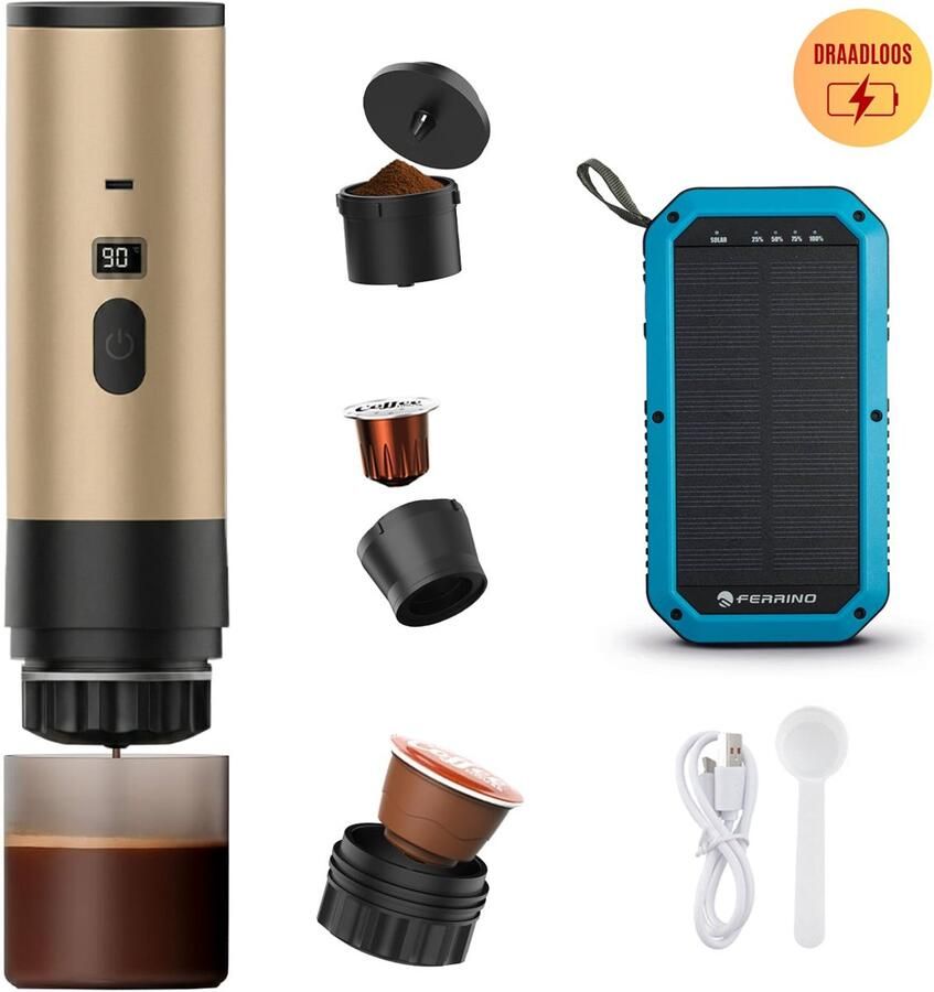 Best Active 3-in-1 Draagbare Koffiemachine Inclusief 10.000 mAh Solar Powerbank Draagbaar Koffiezetapparaat Cups en Gemalen Koffie Draagbaar en Oplaadbaar Espressomachine Goud