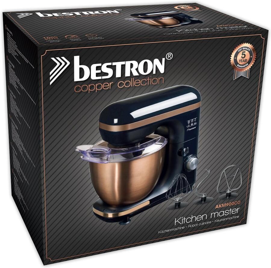 Bestron 4-in-1 Keukenmachine 7 Snelheidsstanden incl. Garde Kneedhaak en Mengarm met spatscherm & mengkom van 2 5 liter 1000W koper