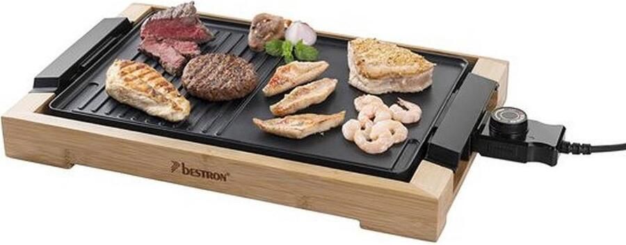 Bestron elektrische tafelgrill voor 4 Personen teppanyaki Bakplaat met afneembare grillplaat en twee grilloppervlakken met antiaanbaklaag 2.000 Watt Hout - Foto 2