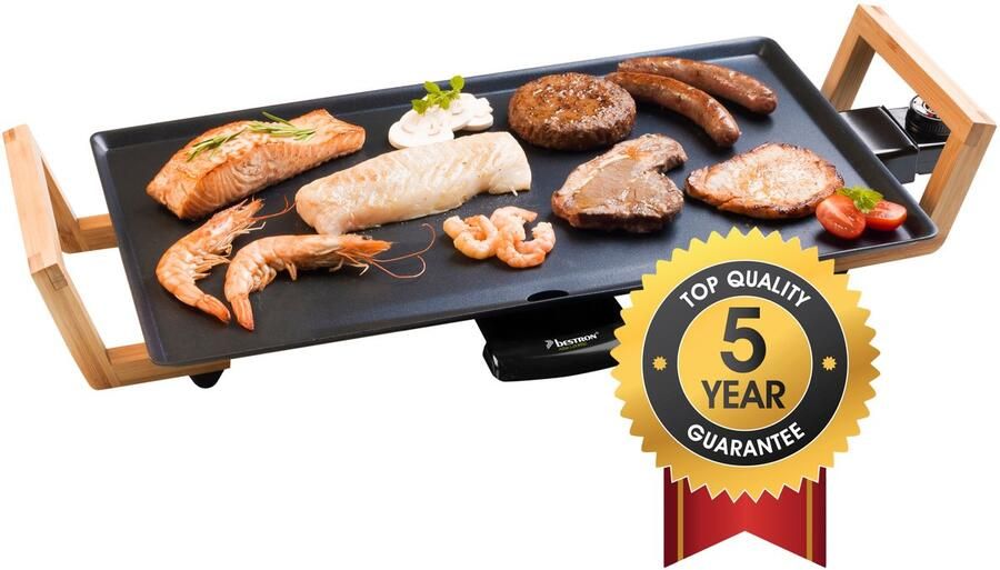 Bestron elektrische Grillplaat voor 4 Personen Teppanyaki Bakplaat met antiaanbaklaag & bamboe handgrepen in aziatisch design 2000W zwart