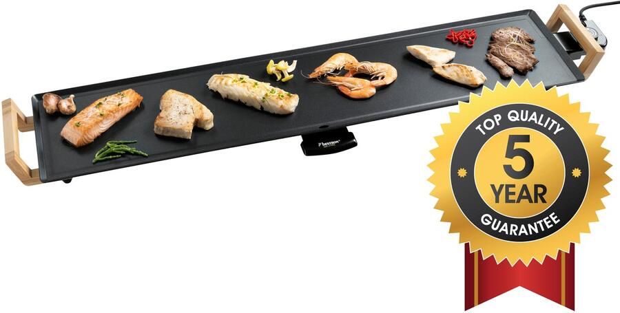 Bestron elektrische XXXL Grillplaat voor 10 Personen Teppanyaki Bakplaat met antiaanbaklaag & bamboe handgrepen in aziatisch design 2000W zwart