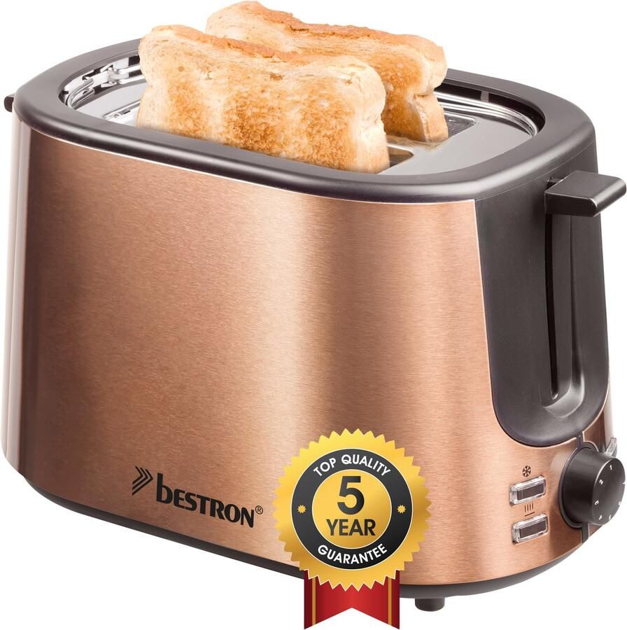 Bestron Broodrooster voor 2 sneden Brood incl. broodjesopzet 7 bruiningsniveaus & kruimellade 1000W ATS1000CO koper
