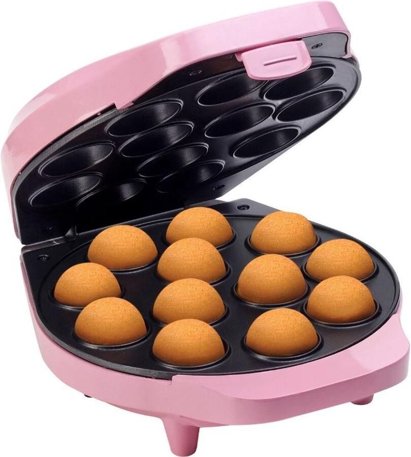 Bestron Cake Pop Maker Wafelijzer voor 12 Cake Pops inclusief Cake Pop Butler 12 Stokjes & Vork met antiaanbaklaag & indicatielampje 700W roze