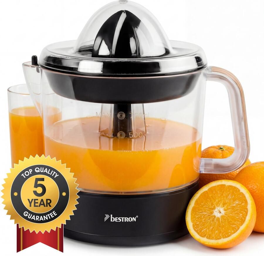 Bestron elektrische Citruspers Sinaasappelpers incl. 2 perskogels en aromadeksel motor met twee draairichtingen (links rechts) sap reservoir: 0.7 liter 40 Watt Zwart Hout