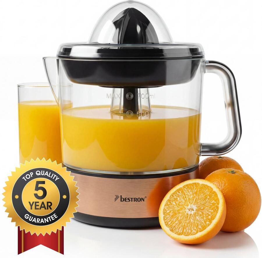 Bestron elektrische Citruspers Sinaasappelpers incl. 2 perskogels en aromadeksel motor met twee draairichtingen (links rechts) sap reservoir: 0.7 liter 40 Watt koper