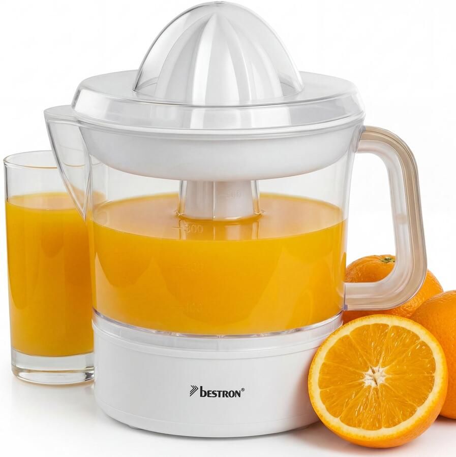 Bestron elektrische Citruspers Sinaasappelpers incl. 2 perskogels en aromadeksel motor met twee draairichtingen (links rechts) sap reservoir: 0.7 liter 40 Watt Wit Imitatiehout