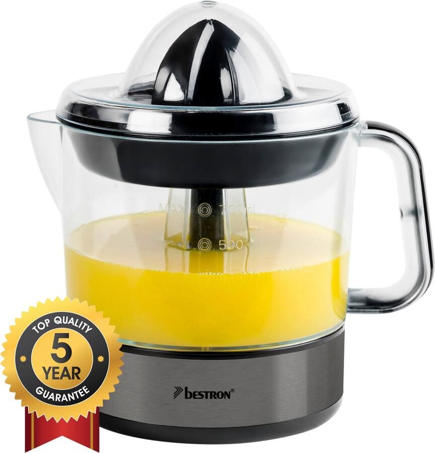 Bestron Citruspers Elektrisch ACJ350TG 40W Incl. 2 perskegels aromadeksel sap reservoir 0 7 Liter Titangrijs 5 jaar garantie