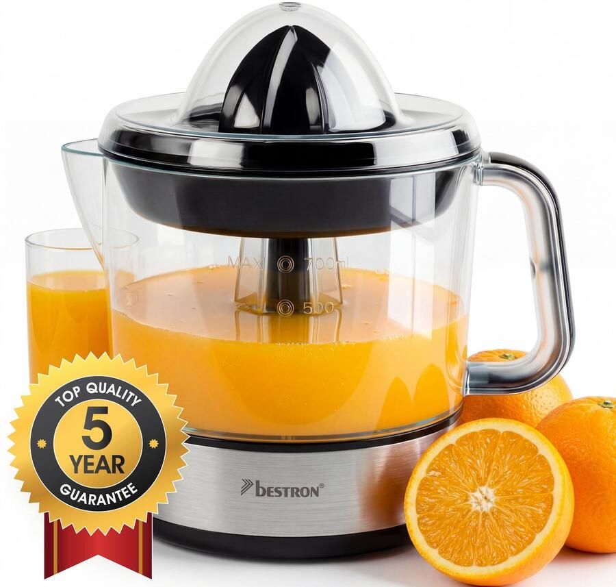 Bestron Citruspers Elektrisch ACJ350Z 40W Incl. 2 perskegels aromadeksel sap reservoir 0 7 Liter Zilver 5 jaar garantie