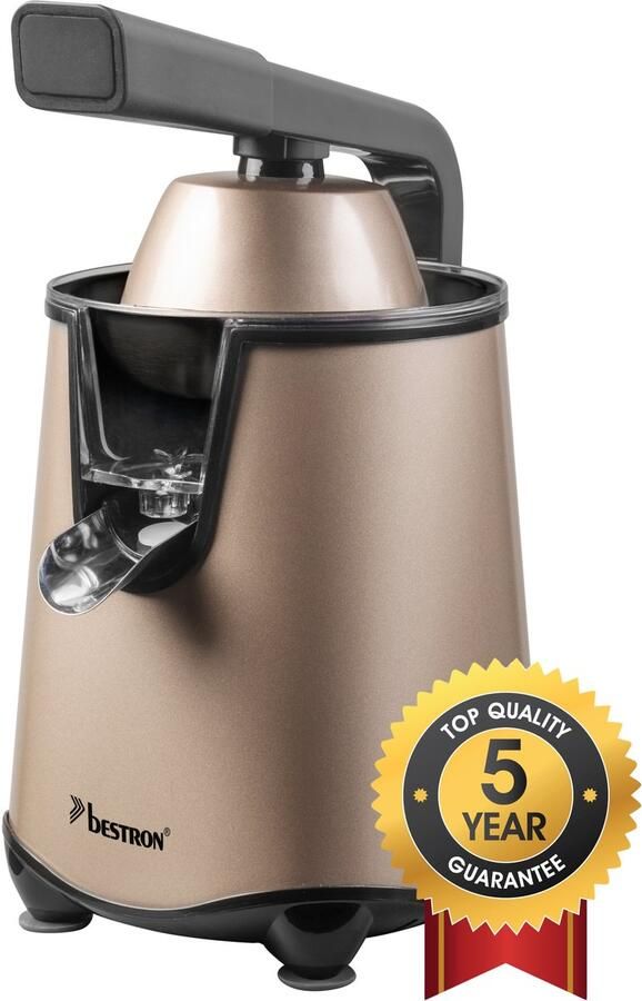 Bestron elektrische Citruspers Sinaasappelpers met druppelstop en roestvrijstalen pulpzeef incl. 2 perskegels 450ml capaciteit soft-press hendel voor eenvoudige bediening Beige