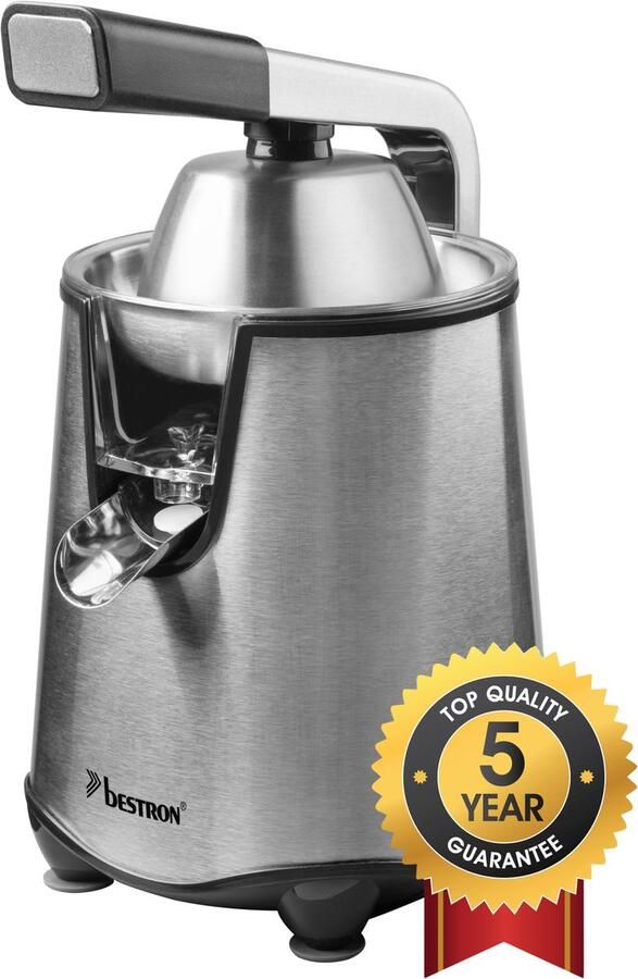 Bestron elektrische Citruspers Sinaasappelpers met druppelstop en roestvrijstalen pulpzeef incl. 2 perskegels 450ml capaciteit soft-press hendel voor eenvoudige bediening Zilver
