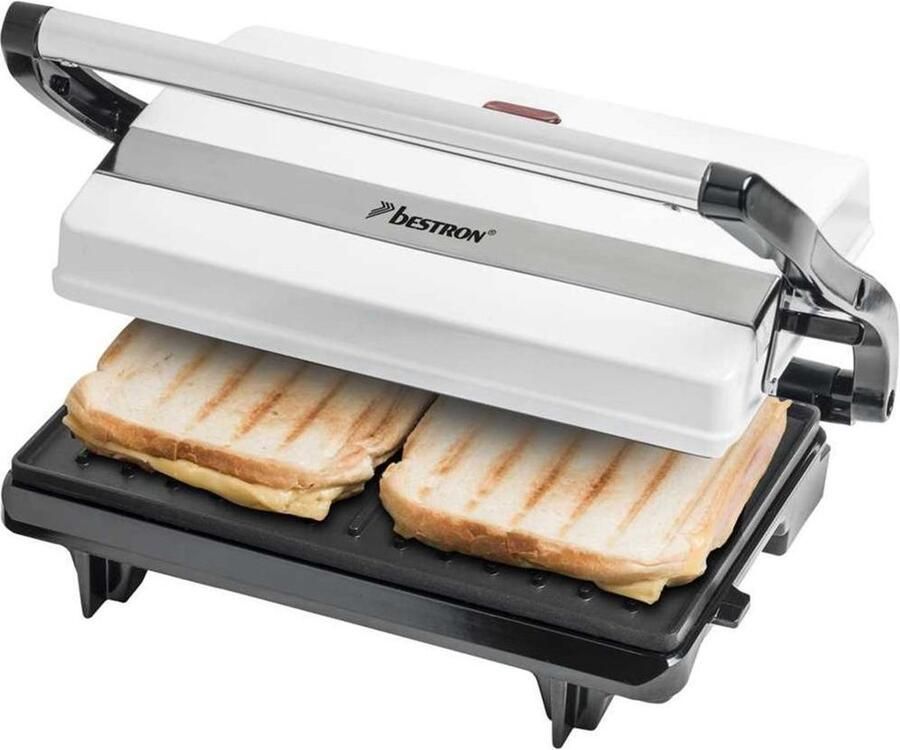 Bestron Contactgrill voor 2 Personen Paninimaker met Vetopvangbak & antiaanbaklaag 700 Watt Wit - Foto 2