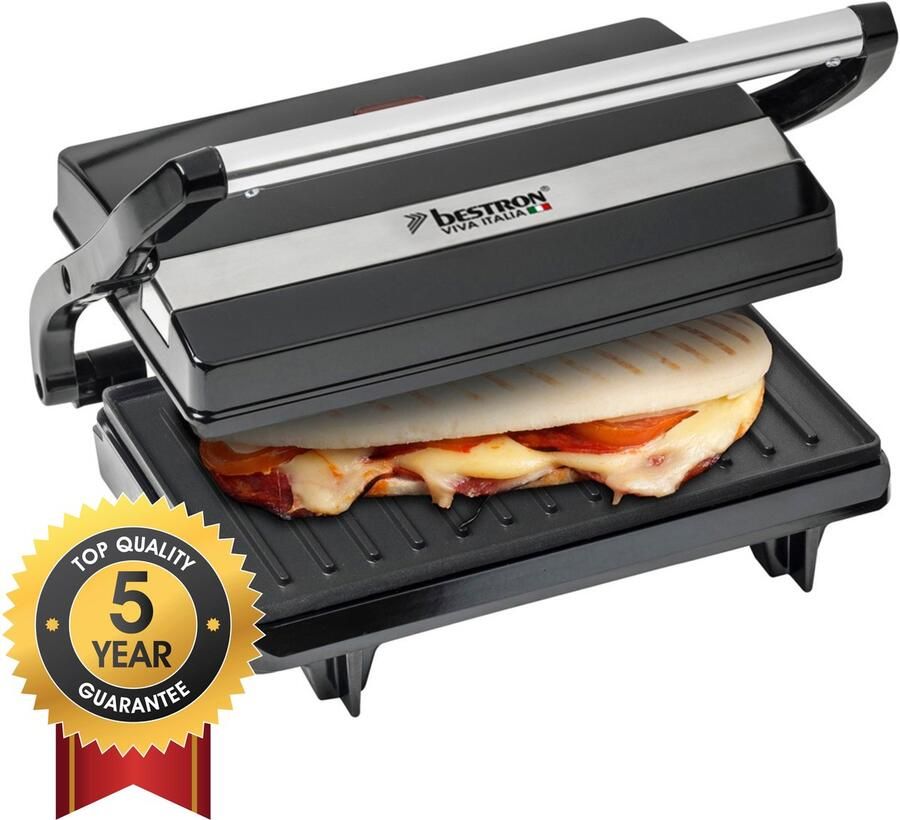 Bestron Contactgrill voor 2 Personen Paninimaker met Vetopvangbak & antiaanbaklaag 700 Watt Zwart - Foto 2