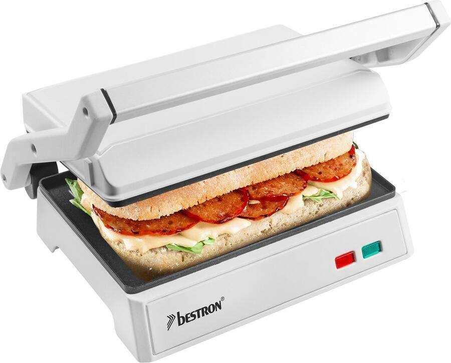 Bestron elektrische tosti apparaat met opvangbak Contactgrill met Cool-Touch-handgreep & 180° opening panini grill met antiaanbaklaag instapmodel Wit