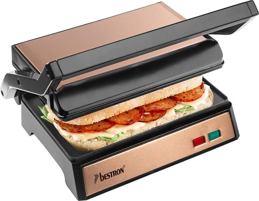 Bestron elektrische tosti apparaat met opvangbak Contactgrill met Cool-Touch-handgreep & 180° opening panini grill met antiaanbaklaag instapmodel Copper Collection koper