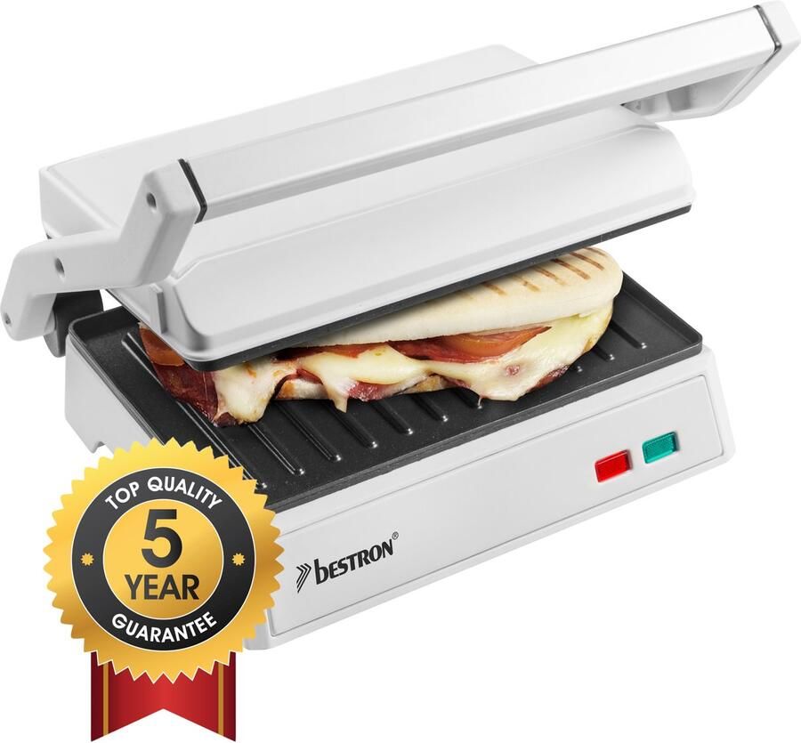 Bestron elektrische tosti apparaat met opvangbak Contactgrill met Cool-Touch-handgreep & 180° opening panini grill met antiaanbaklaag instapmodel Wit