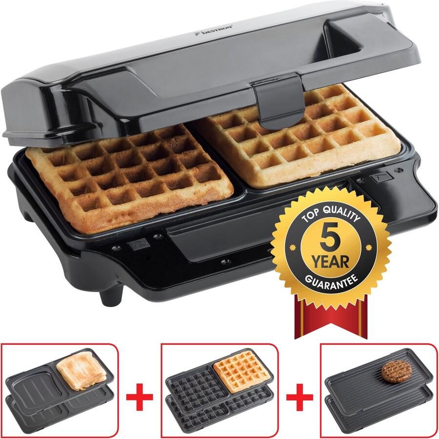 Bestron Contactgrill ASG90XXL 900W 3-in-1 Tosti's wafels en grillen 28x15cm bakoppervlak Zwart 5 jaar garantie - Foto 2