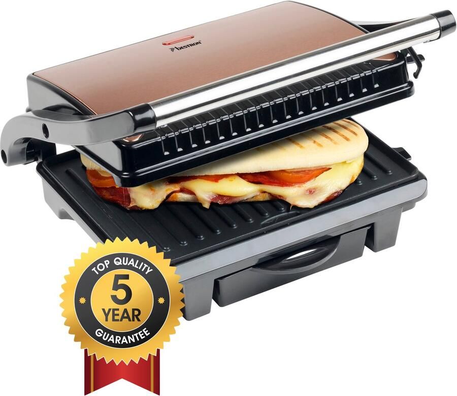 Bestron Contactgrill voor 2 Personen Paninimaker met Vetopvangbak & antiaanbaklaag 1000 Watt koper - Foto 2