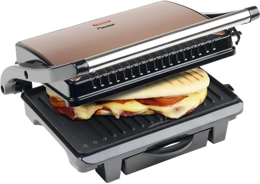 Bestron Contactgrill voor 2 Personen Paninimaker met Vetopvangbak & antiaanbaklaag 1000 Watt koper - Foto 2