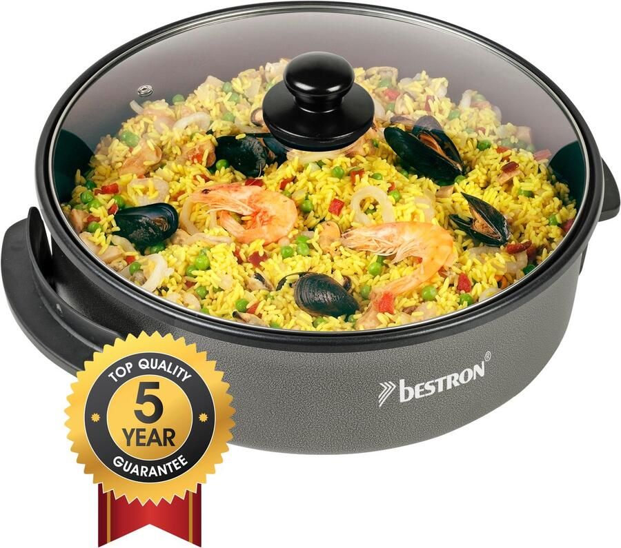 Bestron elektrische XL Hapjespan Ø32cm multifunctionele Partypan met glazen deksel met antiaanbaklaag & thermostaat 1.500 watt zwart