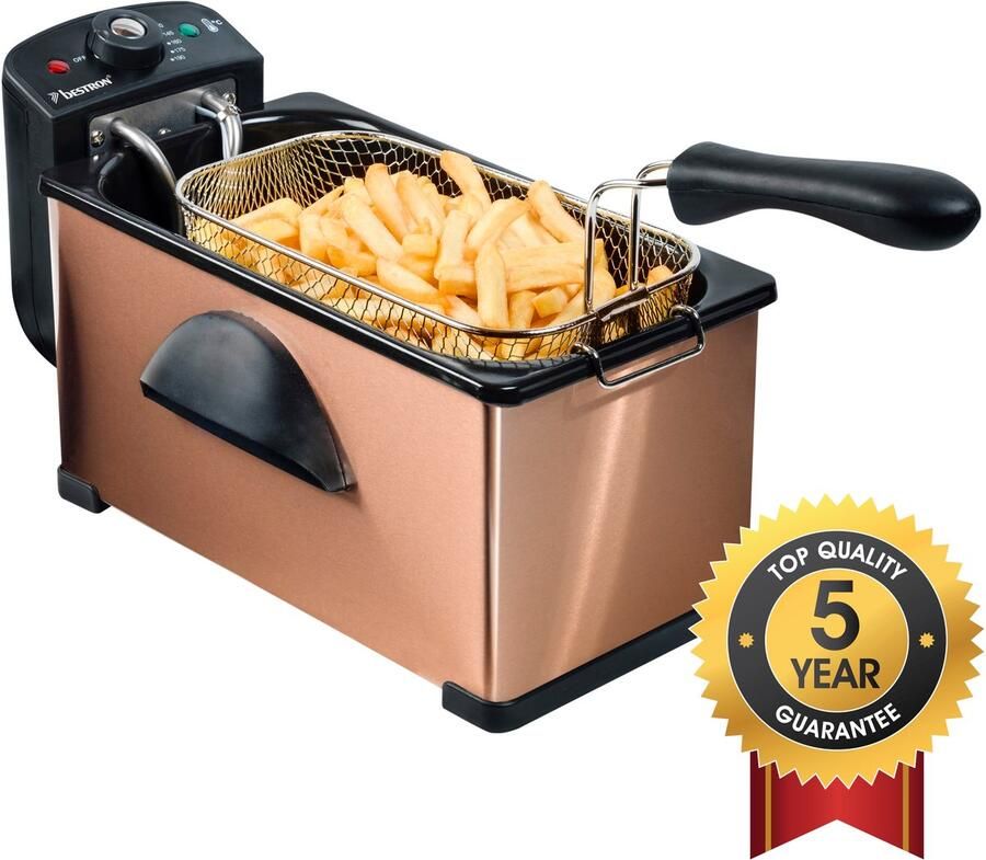 Bestron friteuse met koude zone frituurpan met mand inclusief kijkvenster en traploos instelbare temperatuurregelaar 2000W koper - Foto 2