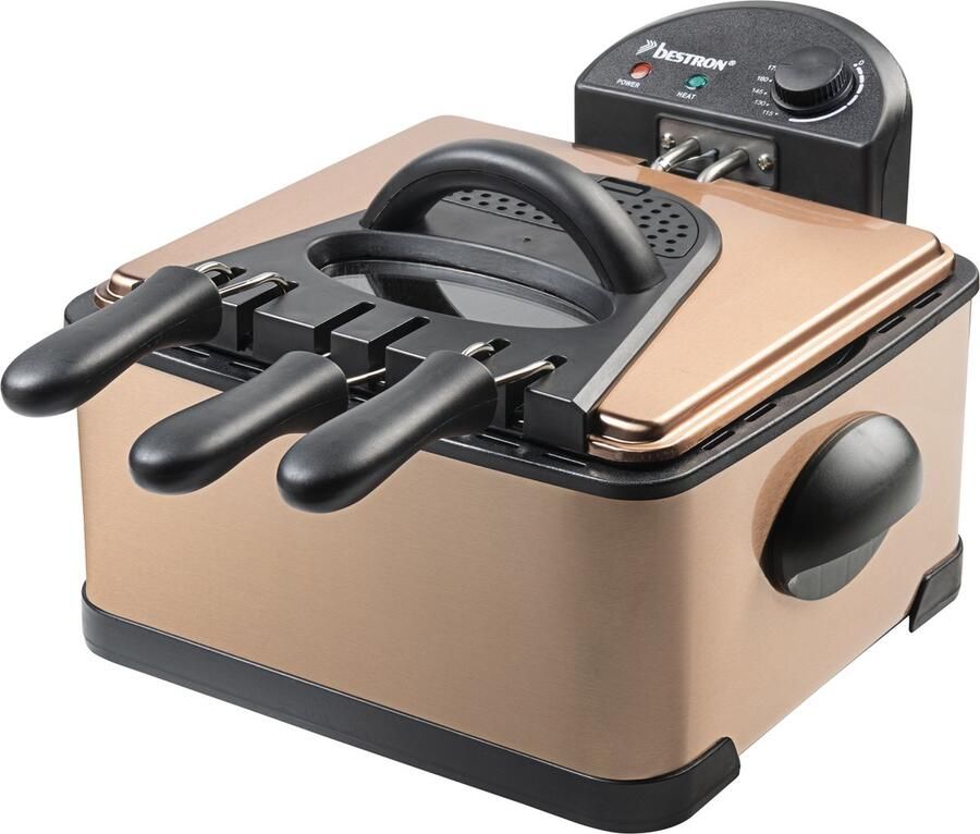 Bestron XL Frituurpan met 3 frituurmanden incl. koude zone technologie & uitneembare oliecontainer 4 liter vaatwasmachinebestendig 2000 W roestvrij staal Koper