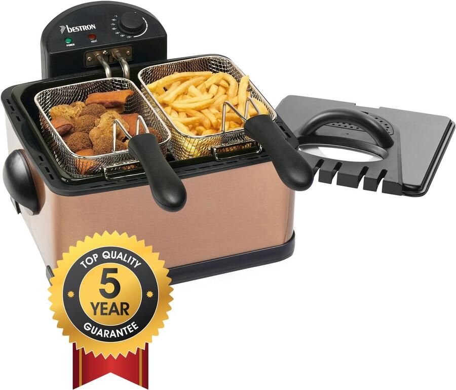 Bestron XL Frituurpan met 3 frituurmanden incl. koude zone technologie & uitneembare oliecontainer 4 liter vaatwasmachinebestendig 2000 W roestvrij staal Koper