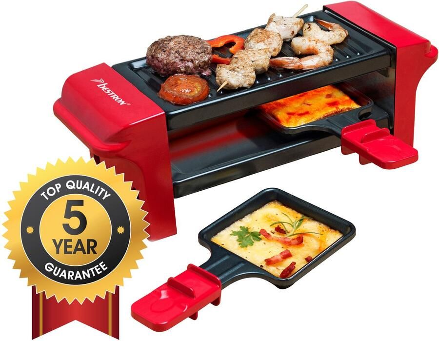 Bestron Mini Raclette Gourmetstel voor 1 tot 2 personen incl. 2 pannen & 2 houten spatels met antiaanbaklaag 350W rood zwaart - Foto 3