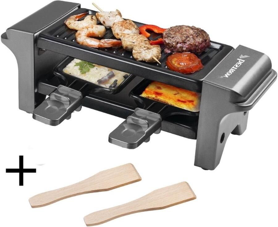 Bestron Mini Raclette Gourmetstel voor 1 tot 2 personen incl. 2 pannen & 2 houten spatels met antiaanbaklaag 350W Titangrijs