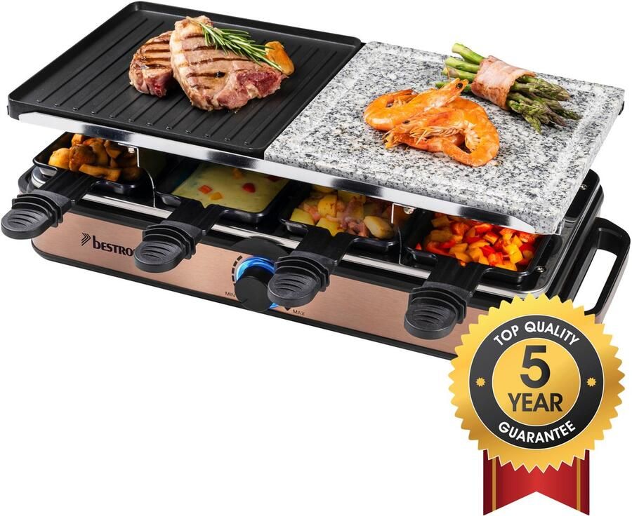 Bestron 2-in-1 raclette party grill elektrische Gourmetstel voor maximaal 8 personen krasbestendige natuurlijke grillsteen & bakplaat met antiaanbakplaag 8 pannen & 8 spatels 1400 Watt koper - Foto 2