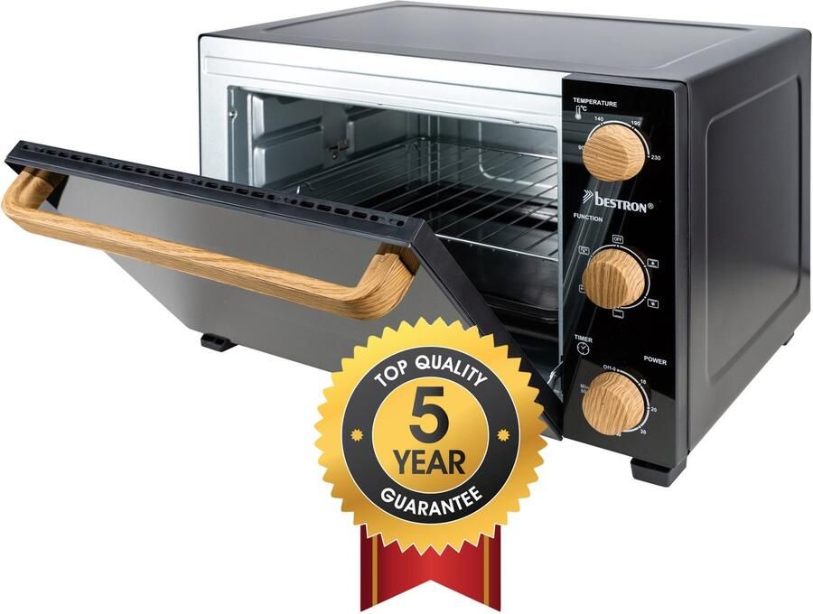 Bestron Grill Oven 1500W AOV31BW 31 Liter Temperatuur tot 230Â°C Heteluchtfunctie Grillfunctie Zwart hout 5 jaar garantie
