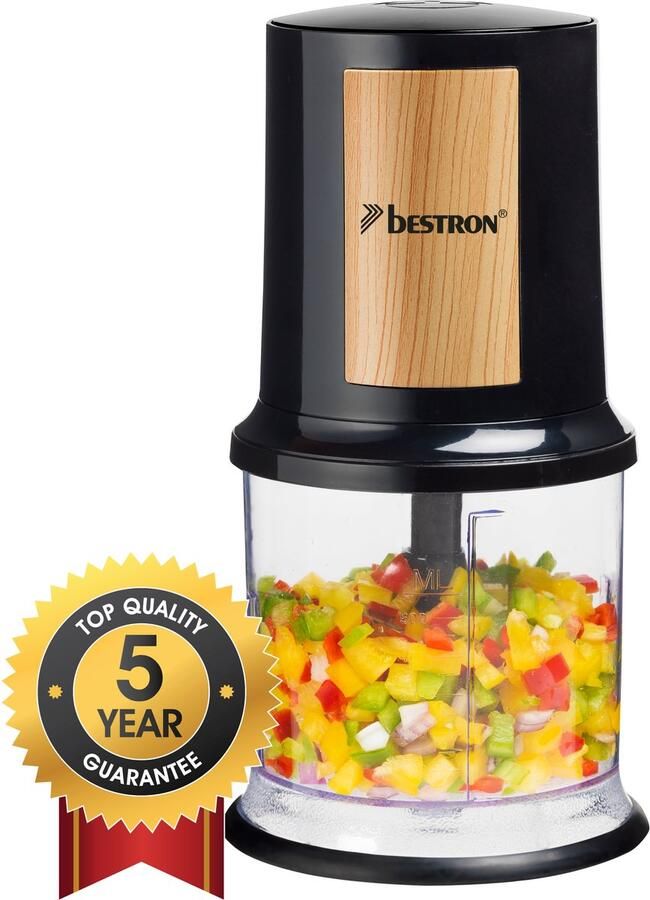 Bestron electrische Hakmolen twee rvs Hakmessen & 500 ml cacpaciteit grote Pulsschakelaar 400 Watt Black Wood Collection Zwart Hout