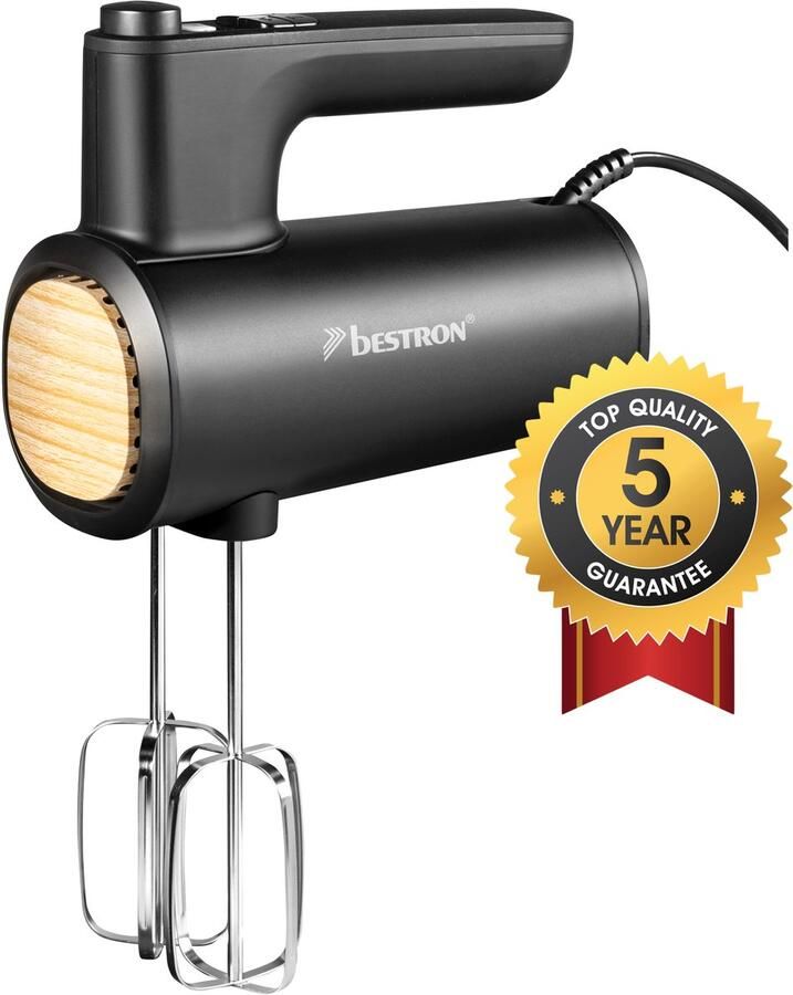 Bestron Power Handmixer krachtige handmixer met 6 snelheden turbo-functie & LCD-display mixer inclusief 2 gardes & 2 kneedhaken lichtgewicht van 1KG Zwart Hout