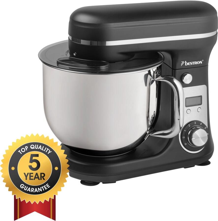 Bestron Keukenmachine Super Stille (65dB) 4-in-1 Keukenmachine met DC-motor 6 liter mengkom incl. deeghaak garde en klopper 6 snelheden + pulsefunctie Mat Zwart
