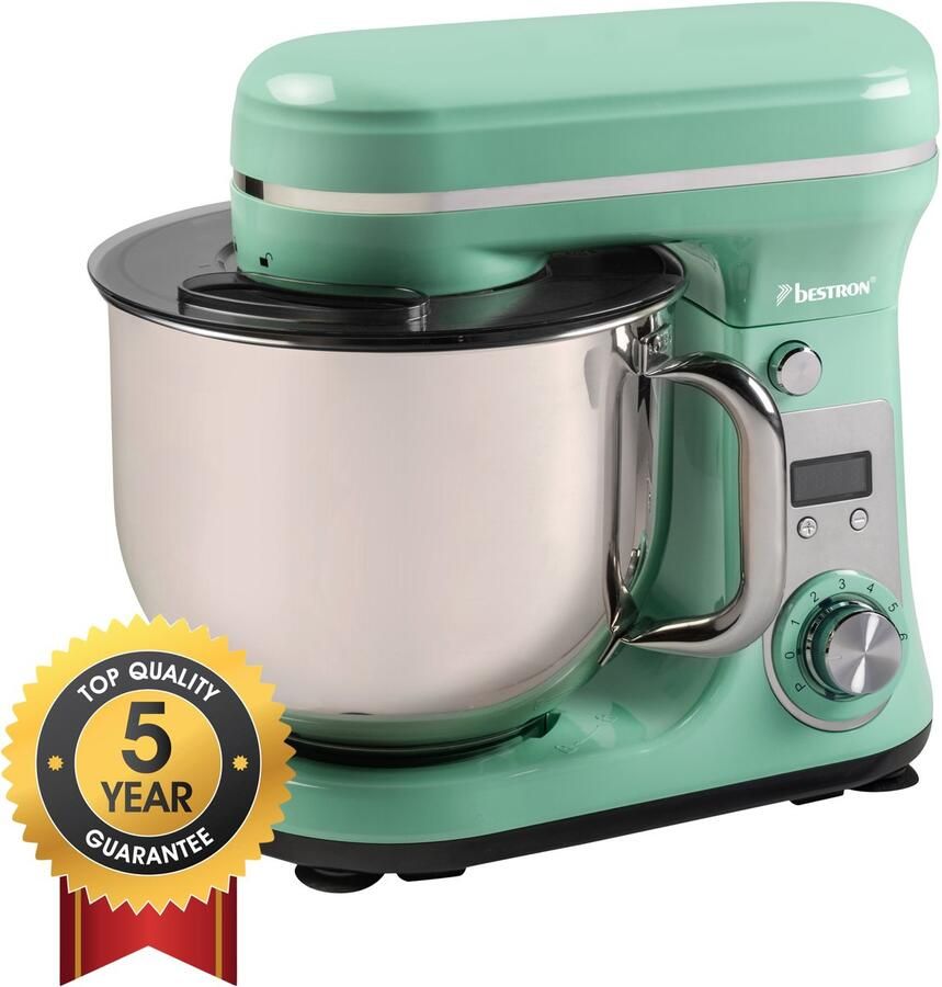 Bestron Keukenmachine Super Stille (65dB) 4-in-1 Keukenmachine met DC-motor 6 liter mengkom incl. deeghaak garde en klopper 6 snelheden + pulsefunctie Mint