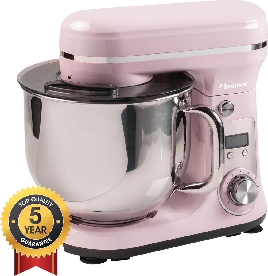 Bestron Keukenmachine Super Stille (65dB) 4-in-1 Keukenmachine met DC-motor 6 liter mengkom incl. deeghaak garde en klopper 6 snelheden + pulsefunctie Roze