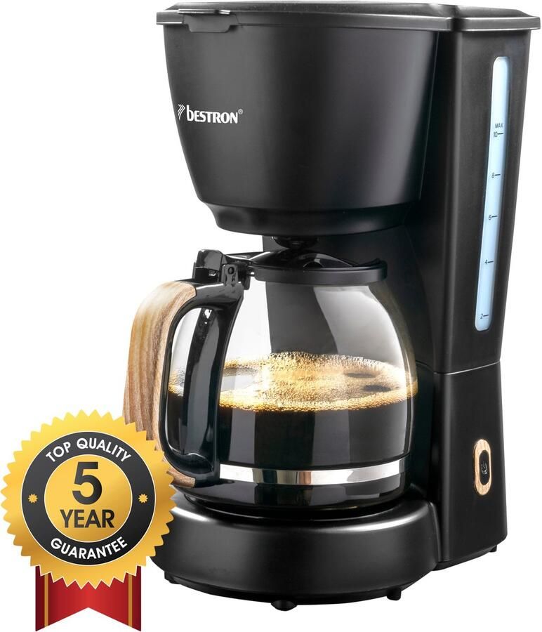 Bestron Filterkoffiezetapparaat voor 10 kopjes koffie filterkoffiemachine incl. glazen kan van 1 5 liter vast filter & warmhoudplaatje 1000 Watt Black & Wood Design zwart hout - Foto 2