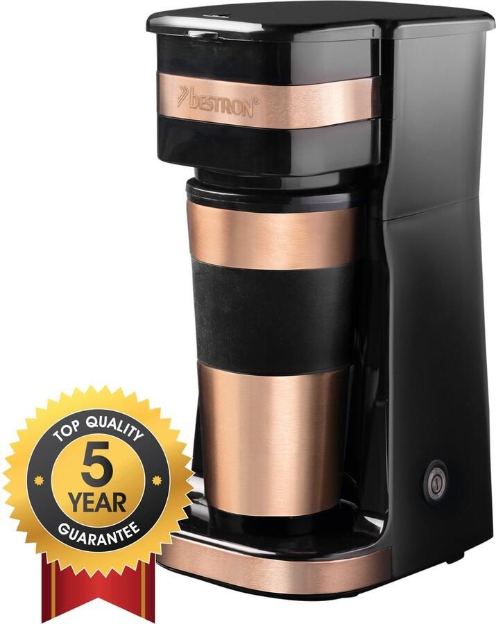 Bestron Koffiezetapparaat met thermosbeker voor gemalen filterkoffie & ideal voor camping 2 grote koppen 750 Watt rvs koper zwart