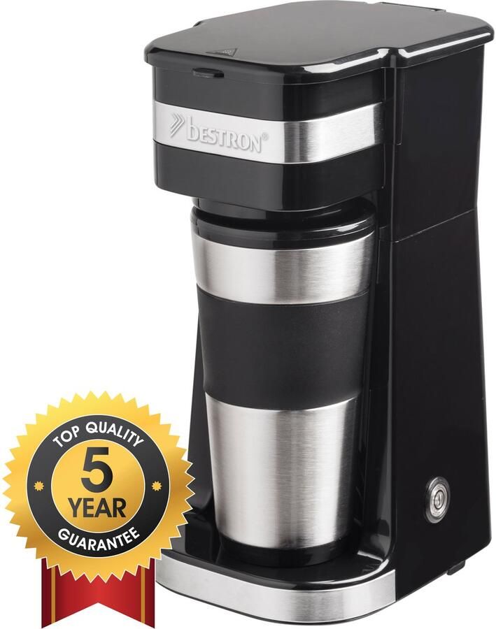 Bestron Koffiezetapparaat met thermosbeker voor gemalen filterkoffie & ideal voor camping 2 grote koppen 750 Watt rvs silver zwart