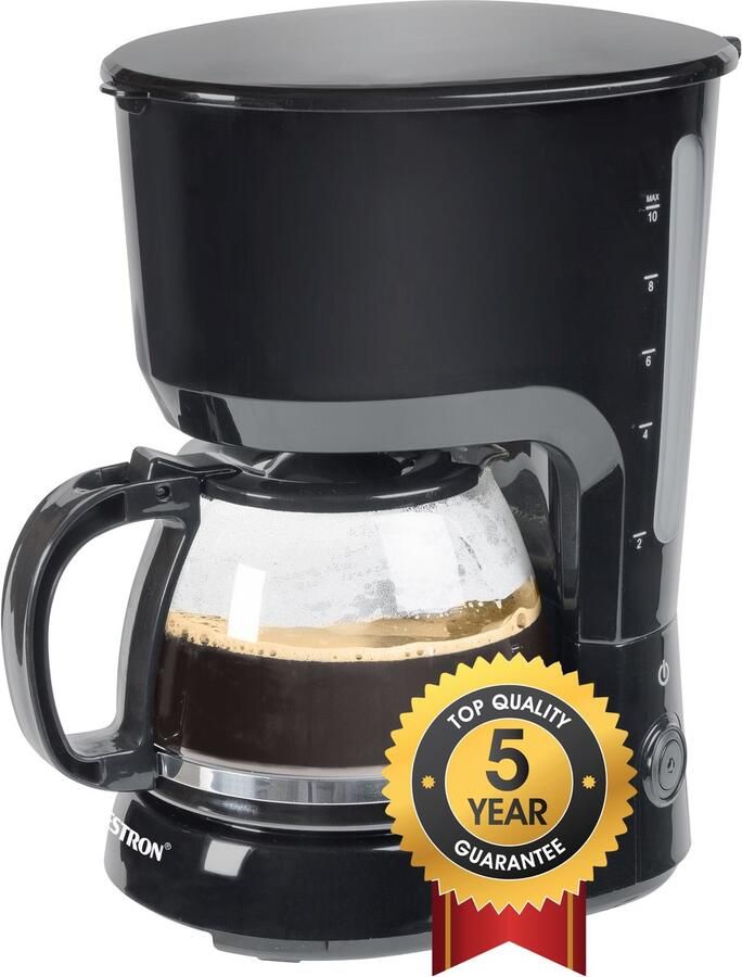 Bestron Filterkoffiezetapparaat voor 10 kopjes koffie kleine Filterkoffiemachine incl. 1.25L glazen kan permanentfilter & warmhoudplaatje ideaal voor camping 750Watt zwart