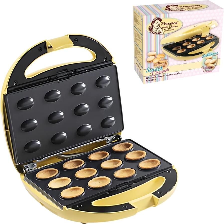 Bestron Wafelijzer voor koekjes oreshkimaker in retro design met automatische temperatuurregeling baklampje & antiaanbaklaag 850 Watt geel