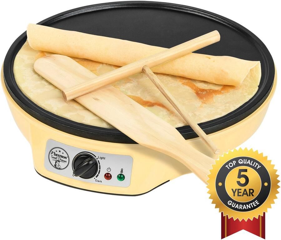 Bestron Crepe Maker voor crepes met Ø 30cm pannenkoekenmaker incl. deegverdeler & crêpeskeerder met antiaanbaklaag & indicatielampje 1000 Watt geel
