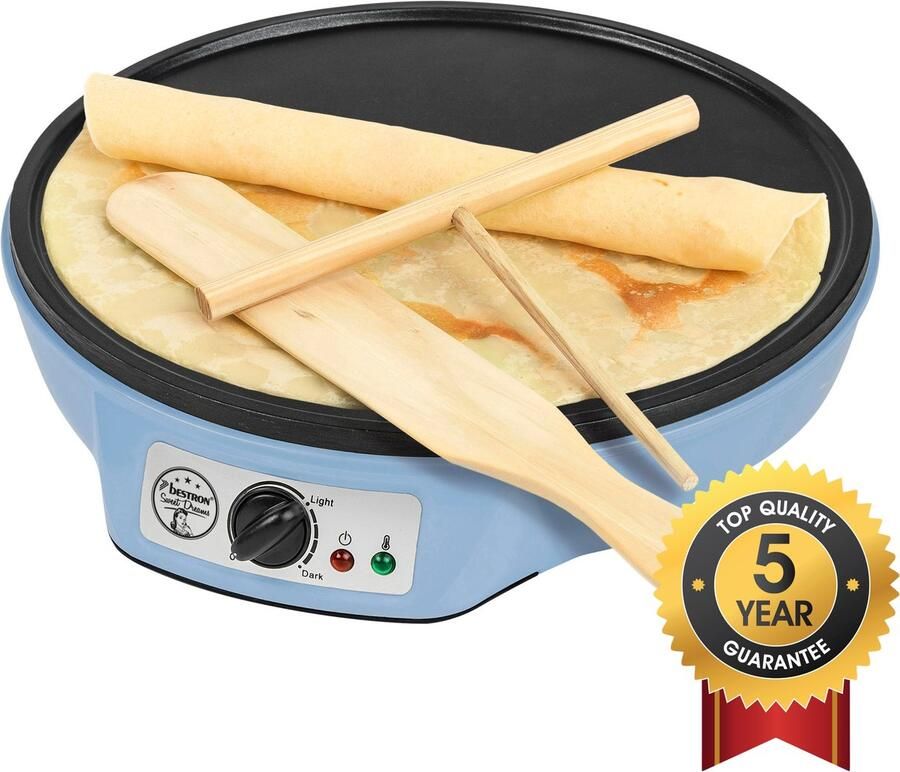Bestron Crepe Maker voor crepes met Ø 30cm pannenkoekenmaker incl. deegverdeler & crêpeskeerder met antiaanbaklaag & indicatielampje 1000 Watt blauw
