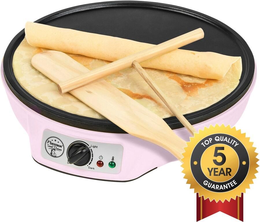 Bestron Crepe Maker voor crêpes met Ø 30cm pannenkoekenmaker incl. deegverdeler & crêpeskeerder met antiaanbaklaag & indicatielampje 1000 Watt roze