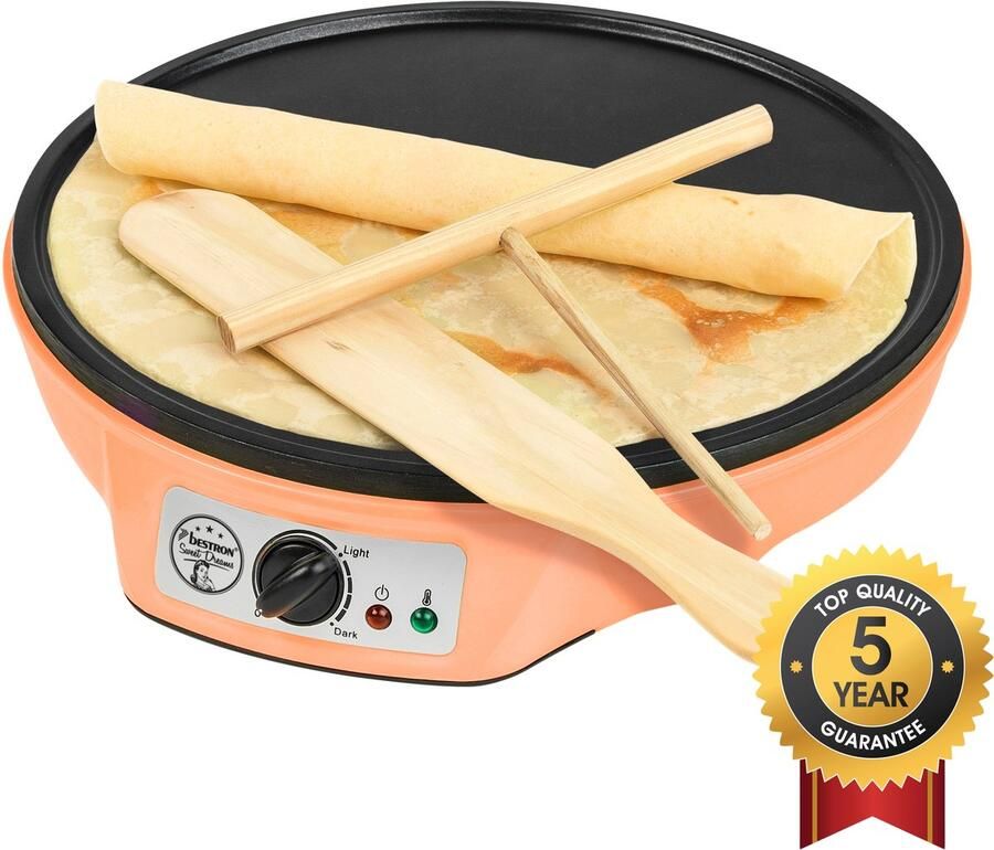 Bestron Crepe Maker voor crêpes met Ø 30cm pannenkoekenmaker incl. deegverdeler & crêpeskeerder met antiaanbaklaag & indicatielampje 1000 Watt Oranje