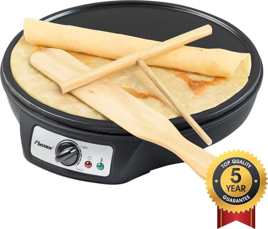 Bestron Crepe Maker voor crêpes met Ø 30cm pannenkoekenmaker incl. deegverdeler & crêpeskeerder met antiaanbaklaag & indicatielampje 1000 Watt Zwart