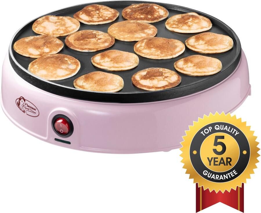 Bestron poffertjesmaker in retro-design electrische poffertjespan met antiaanbaklaag & indicatielampje Sweet Dreams 800 W roze