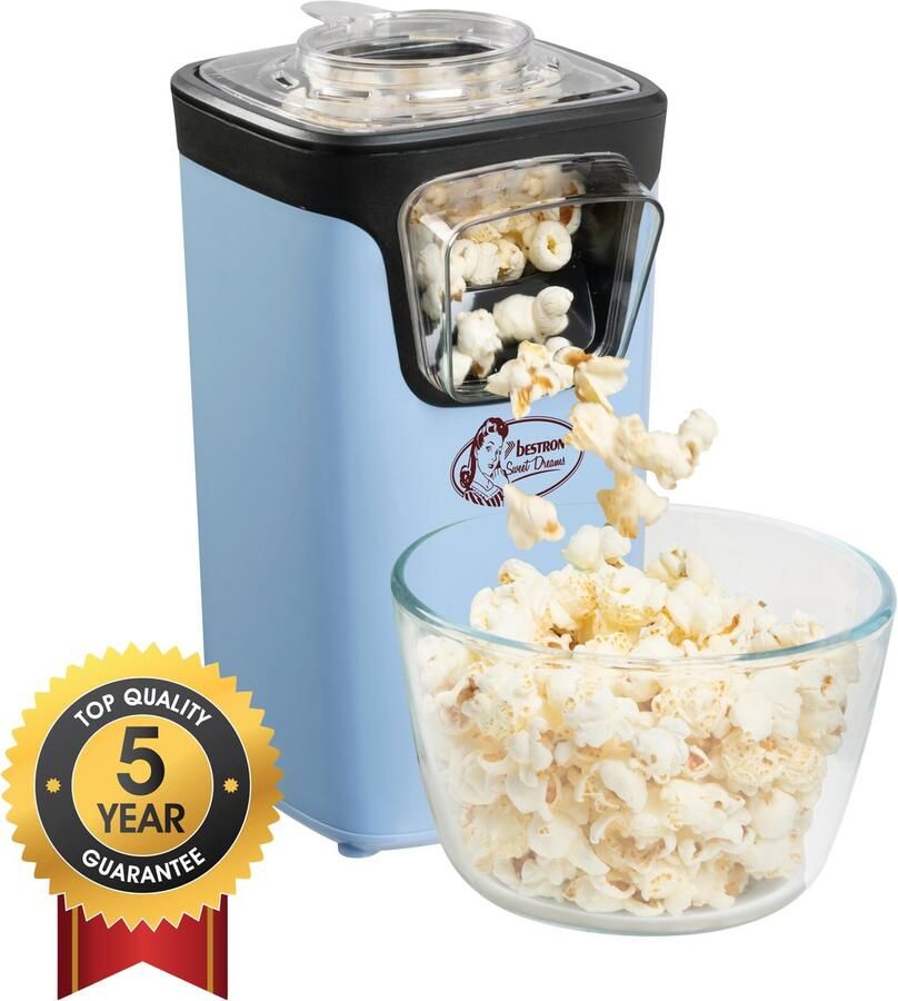 Bestron Popcornmaker Turbo-Popcorn in minder 2 minuten Popcornmachine met heteluchttechnologie inclusief 10x popcornzakken & geïntegreerde maatbeker Sweet Dreams Collectie Blauw