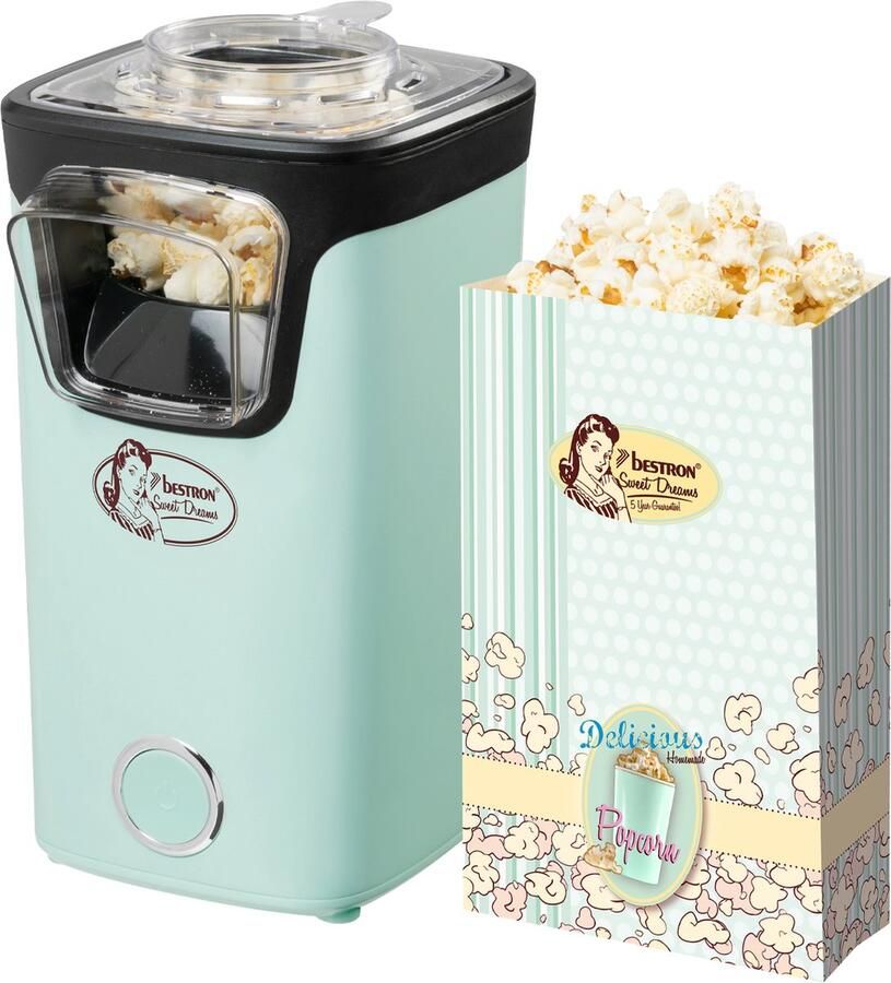 Bestron Popcornmaker Turbo-Popcorn in minder 2 minuten Popcornmachine met heteluchttechnologie inclusief 10x popcornzakken & geïntegreerde maatbeker Sweet Dreams Collectie Mint