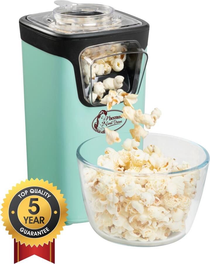 Bestron Popcornmaker Turbo-Popcorn in minder 2 minuten Popcornmachine met heteluchttechnologie inclusief 10x popcornzakken & geïntegreerde maatbeker Sweet Dreams Collectie Mint