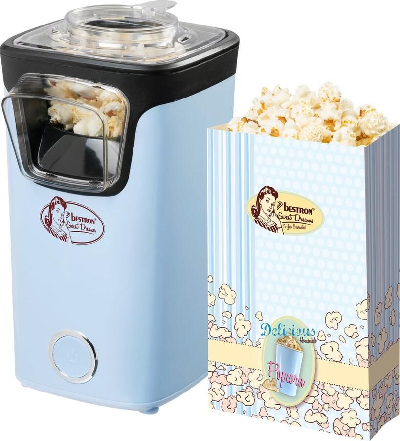 Bestron Popcornmaker Turbo-Popcorn in minder 2 minuten Popcornmachine met heteluchttechnologie inclusief 10x popcornzakken & geïntegreerde maatbeker Sweet Dreams Collectie Blauw